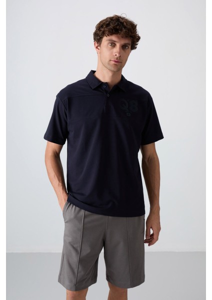 Tommy Life Lacivert Pamuklu Kalın Yumuşak Dokulu Oversize Fit Baskılı Polo Yaka Erkek T-Shirt - 88347