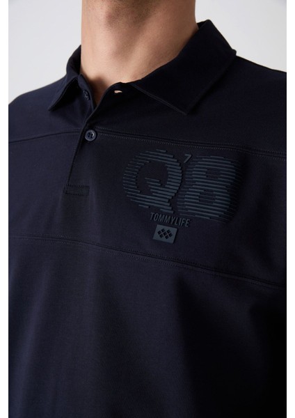 Tommy Life Lacivert Pamuklu Kalın Yumuşak Dokulu Oversize Fit Baskılı Polo Yaka Erkek T-Shirt - 88347