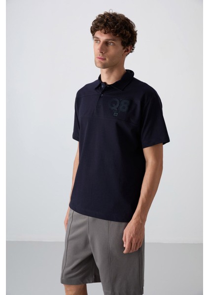 Tommy Life Lacivert Pamuklu Kalın Yumuşak Dokulu Oversize Fit Baskılı Polo Yaka Erkek T-Shirt - 88347