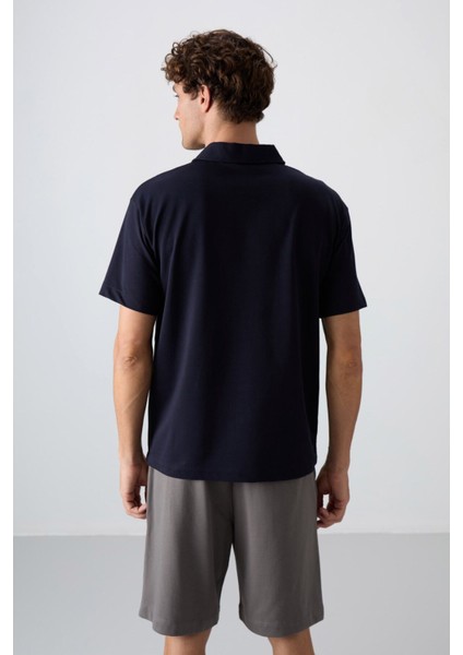 Tommy Life Lacivert Pamuklu Kalın Yumuşak Dokulu Oversize Fit Baskılı Polo Yaka Erkek T-Shirt - 88347
