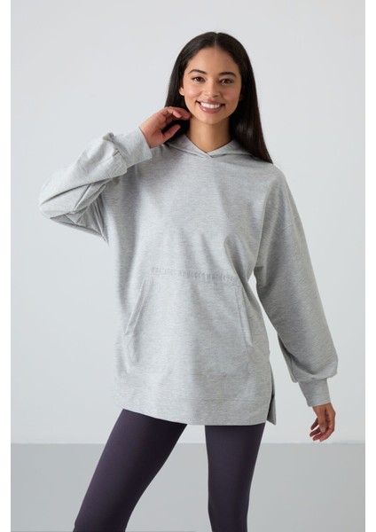 Gri Melanj Balon Kol Yazı Nakışlı Kadın Oversize Tunik Sweatshirt - 97163