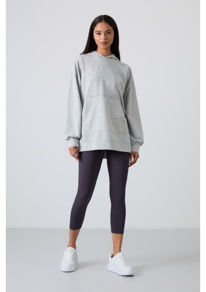 Gri Melanj Balon Kol Yazı Nakışlı Kadın Oversize Tunik Sweatshirt - 97163