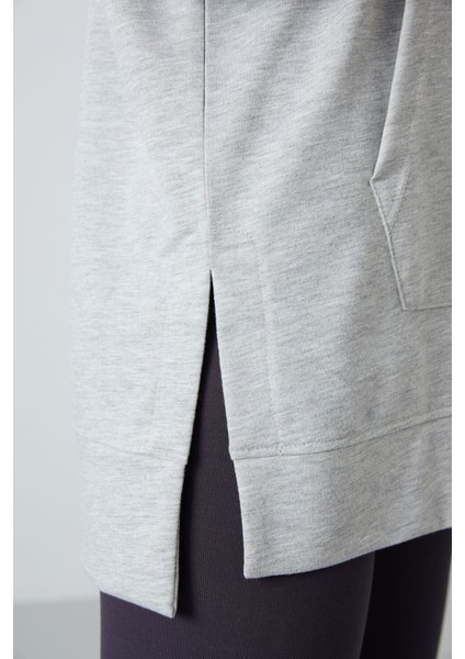 Gri Melanj Balon Kol Yazı Nakışlı Kadın Oversize Tunik Sweatshirt - 97163