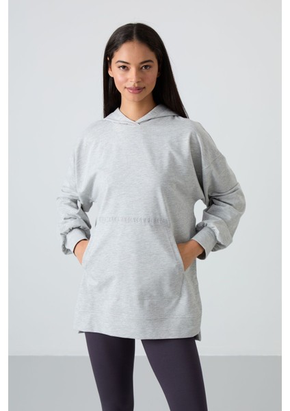 Gri Melanj Balon Kol Yazı Nakışlı Kadın Oversize Tunik Sweatshirt - 97163