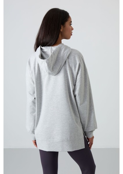 Gri Melanj Balon Kol Yazı Nakışlı Kadın Oversize Tunik Sweatshirt - 97163