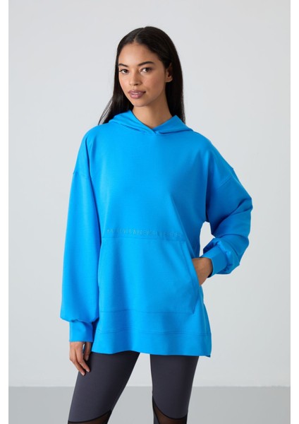 Mavi Balon Kol Yazı Nakışlı Kadın Oversize Tunik Sweatshirt - 97163