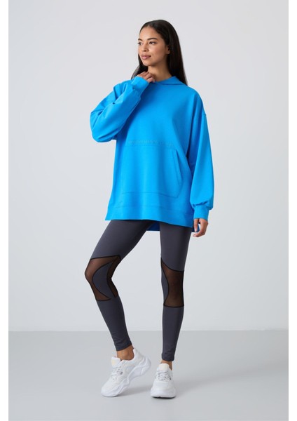 Mavi Balon Kol Yazı Nakışlı Kadın Oversize Tunik Sweatshirt - 97163
