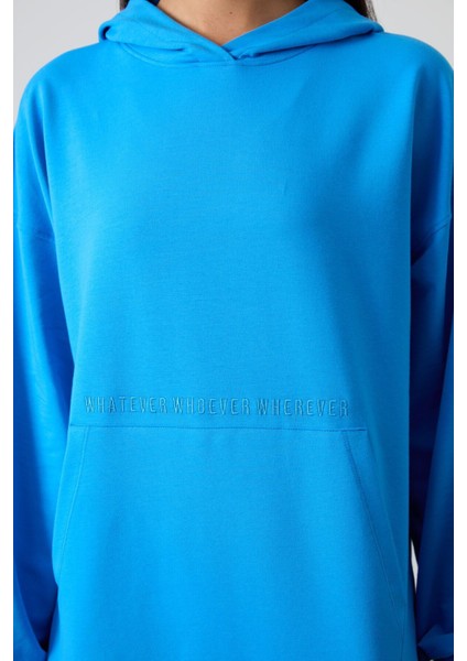 Mavi Balon Kol Yazı Nakışlı Kadın Oversize Tunik Sweatshirt - 97163