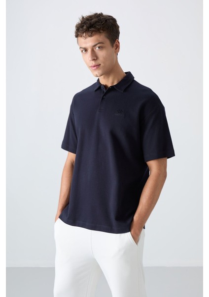 Tommy Life Lacivert Pamuklu Kalın Yumuşak Dokulu Oversize Fit Basic Polo Yaka Erkek T-Shirt - 88327