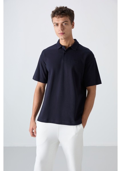 Tommy Life Lacivert Pamuklu Kalın Yumuşak Dokulu Oversize Fit Basic Polo Yaka Erkek T-Shirt - 88327