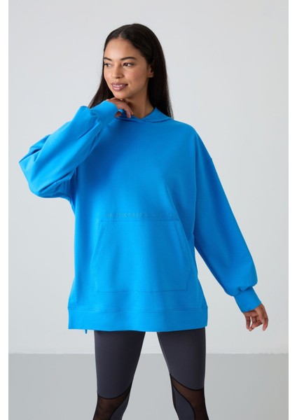 Mavi Balon Kol Yazı Nakışlı Kadın Oversize Tunik Sweatshirt - 97163