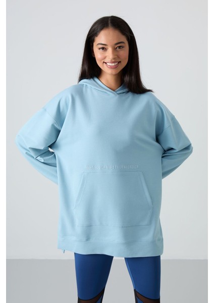 Açık Mavi Balon Kol Yazı Nakışlı Kadın Oversize Tunik Sweatshirt - 97163
