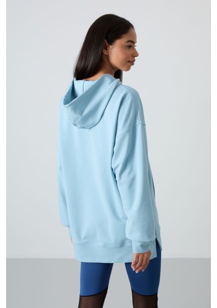 Açık Mavi Balon Kol Yazı Nakışlı Kadın Oversize Tunik Sweatshirt - 97163