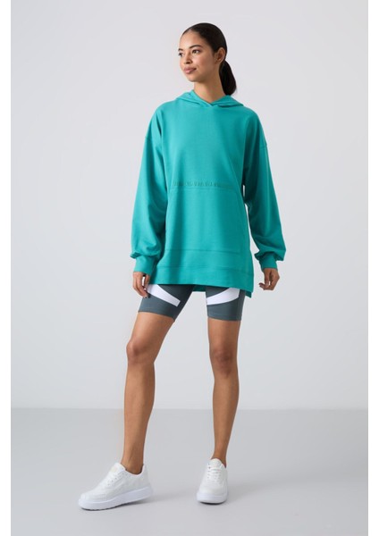 Deniz Yeşili Balon Kol Yazı Nakışlı Kadın Oversize Tunik Sweatshirt - 97163