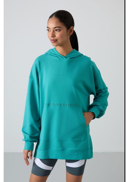 Deniz Yeşili Balon Kol Yazı Nakışlı Kadın Oversize Tunik Sweatshirt - 97163
