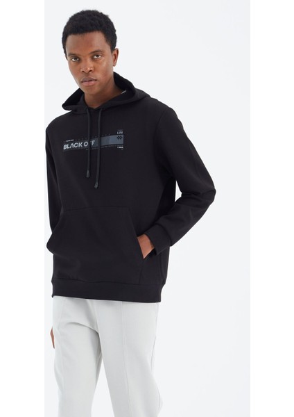 Tommy Life Siyah Kapüşonlu Bağcıklı Baskı Detaylı Rahat Kalıp Erkek Sweatshirt - 88287