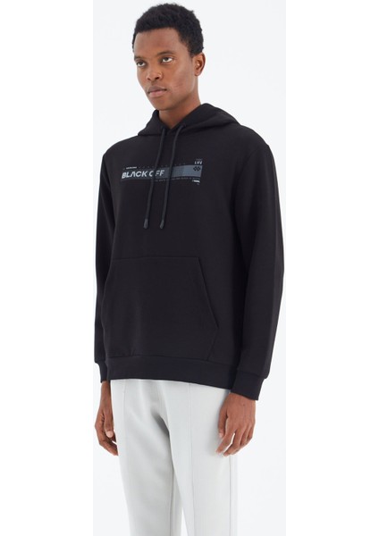 Tommy Life Siyah Kapüşonlu Bağcıklı Baskı Detaylı Rahat Kalıp Erkek Sweatshirt - 88287