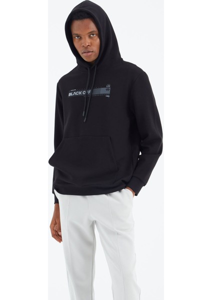 Tommy Life Siyah Kapüşonlu Bağcıklı Baskı Detaylı Rahat Kalıp Erkek Sweatshirt - 88287