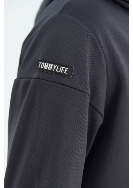 Tommy Life Antrasit  Kapüşonlu Yarım Fermuarlı Gizli Cep Detaylı Rahat Kalıp Erkek Sweatshirt - 88274