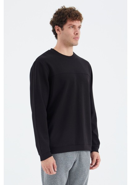 Tommy Life Siyah O Yaka Ön Dikiş Detaylı Basic Rahat Kalıp Erkek Sweatshirt - 88270