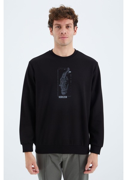 Tommy Life Siyah O Yaka Baskı Detaylı Rahat Kalıp Erkek Sweatshirt - 88283