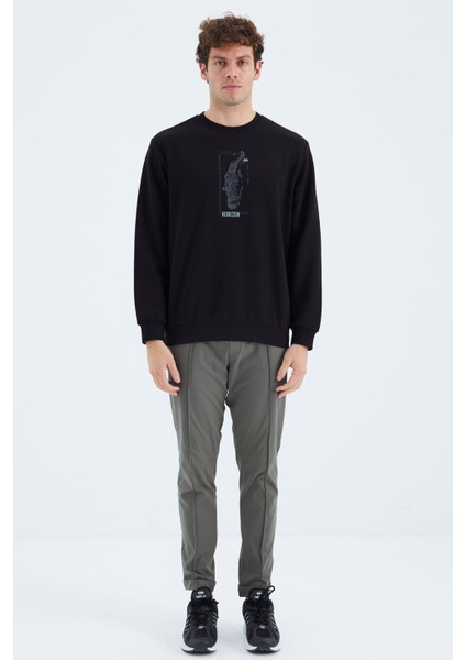 Tommy Life Siyah O Yaka Baskı Detaylı Rahat Kalıp Erkek Sweatshirt - 88283