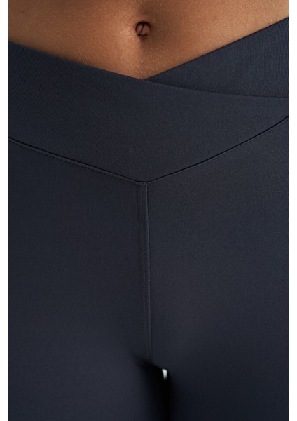 Tommy Life Antrasit Renk Bloklu Fileli Yüksek Bel Slim Fit Dalgıç Kumaş Kadın Tayt - 94632