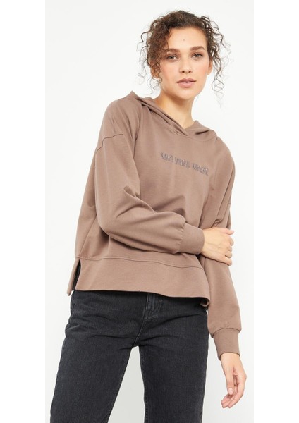 Tommy Life Tommy Life  Toprak Kadın Yazı Nakışlı Kapüşonlu Basic Oversize Sweatshirt - 97164