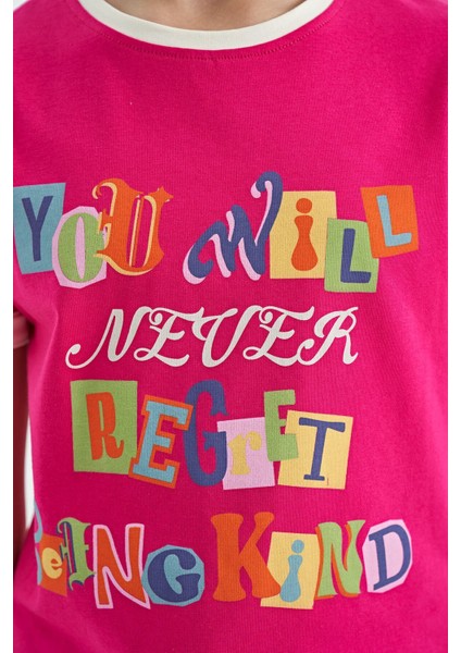 Fuşya Renkli Yazı Detaylı O Yaka Rahat Form Kız Çocuk T-Shirt - 75109