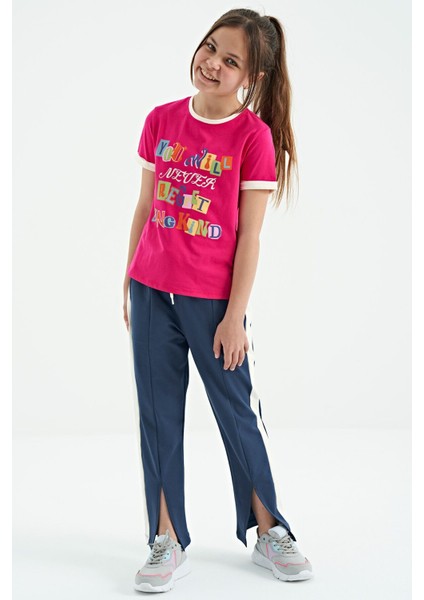 Fuşya Renkli Yazı Detaylı O Yaka Rahat Form Kız Çocuk T-Shirt - 75109