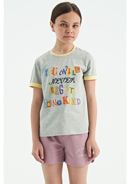 Gri Melanj Renkli Yazı Detaylı O Yaka Rahat Form Kız Çocuk T-Shirt - 75109