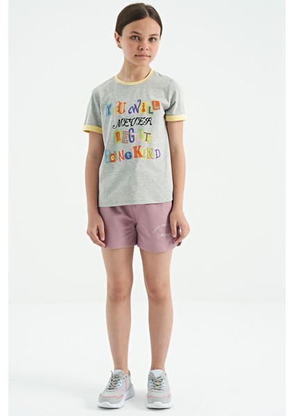 Gri Melanj Renkli Yazı Detaylı O Yaka Rahat Form Kız Çocuk T-Shirt - 75109