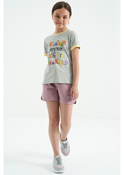 Gri Melanj Renkli Yazı Detaylı O Yaka Rahat Form Kız Çocuk T-Shirt - 75109