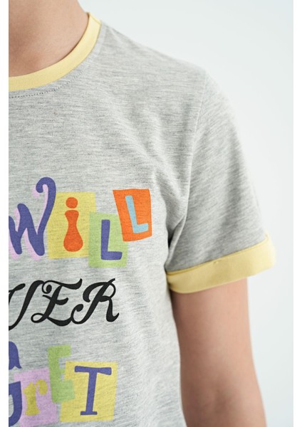 Gri Melanj Renkli Yazı Detaylı O Yaka Rahat Form Kız Çocuk T-Shirt - 75109