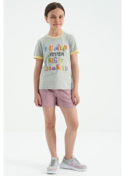 Gri Melanj Renkli Yazı Detaylı O Yaka Rahat Form Kız Çocuk T-Shirt - 75109