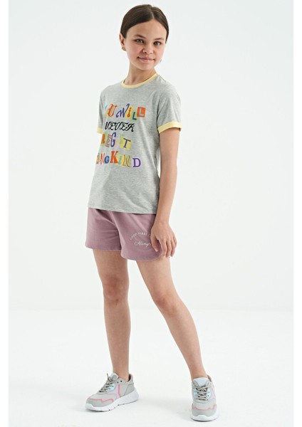 Gri Melanj Renkli Yazı Detaylı O Yaka Rahat Form Kız Çocuk T-Shirt - 75109