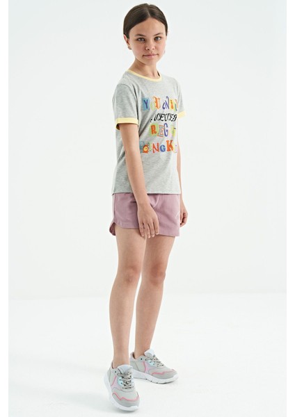 Gri Melanj Renkli Yazı Detaylı O Yaka Rahat Form Kız Çocuk T-Shirt - 75109