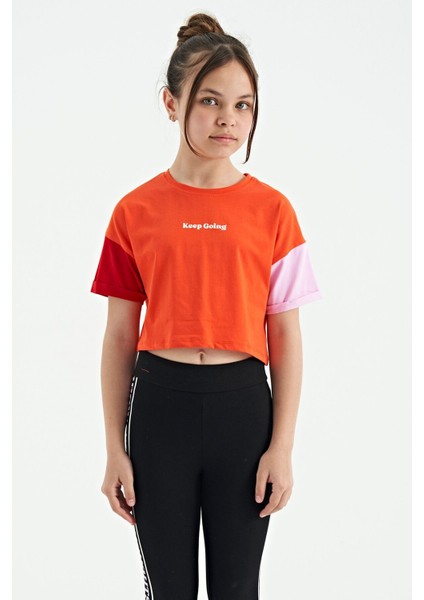 Portakal Yazı Baskılı O Yaka Düşük Omuzlu Oversize Kız Çocuk T-Shirt - 75130