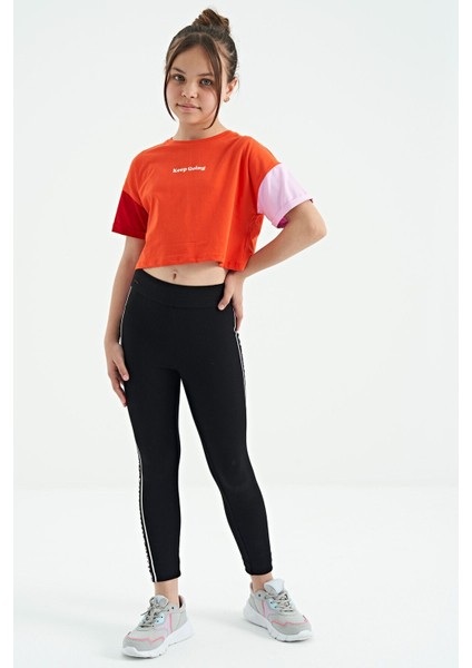 Portakal Yazı Baskılı O Yaka Düşük Omuzlu Oversize Kız Çocuk T-Shirt - 75130