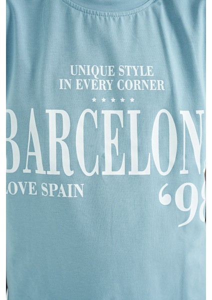Açık Mavi O Yaka Yazı Baskılı Düşük Omuz Oversize Kız Çocuk T-Shirt - 75115