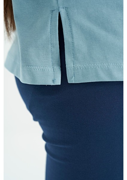 Açık Mavi O Yaka Yazı Baskılı Düşük Omuz Oversize Kız Çocuk T-Shirt - 75115