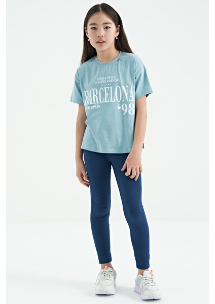 Açık Mavi O Yaka Yazı Baskılı Düşük Omuz Oversize Kız Çocuk T-Shirt - 75115