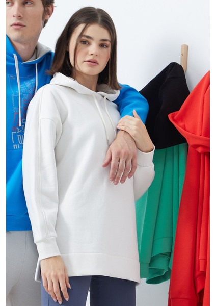 Tommy Life Ekru Reglan Kol Basic Kapüşonlu Oversize Tunik - 97242