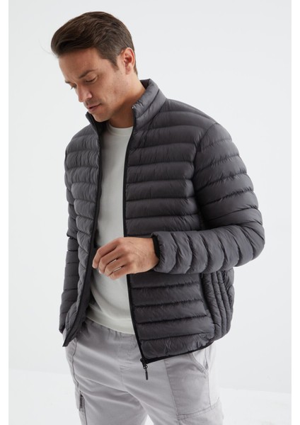 Tommy Life Antrasit Fermuarlı Standart Kalıp Soğuğa Dayanıklı Erkek Şişme Mont - 88166