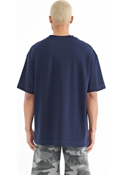 Tommy Life Indigo Yazı Nakışlı O Yaka Oversize Erkek T-Shirt - 88223