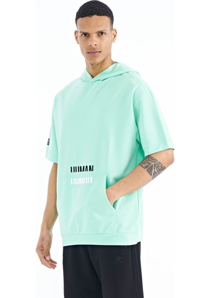 Tommy Life Su Yeşili Kanguru Cepli Yazı Nakışlı Kapüşonlu Erkek T-Shirt - 88195