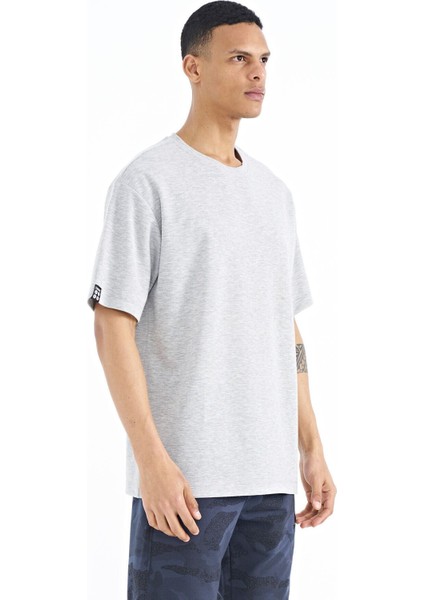 Tommy Life Gri Melanj Kol Arma Detaylı Basic Oversize Erkek T-Shirt - 88193