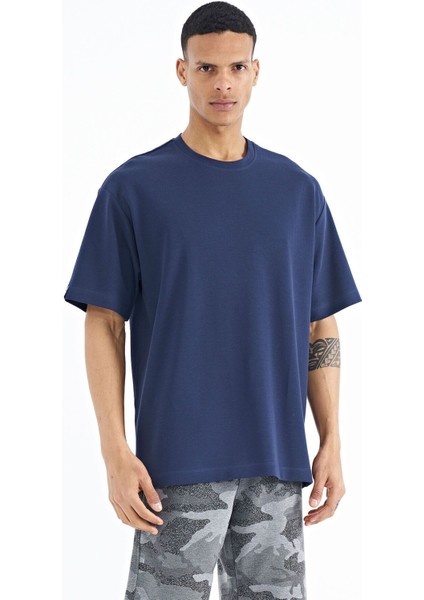 Tommy Life İndigo Kol Arma Detaylı Basic Oversize Erkek T-Shirt - 88193