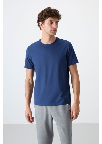 Tommy Life İndigo Erkek Basic Kısa Kol Standart Kalıp O Yaka T-Shirt - 87911