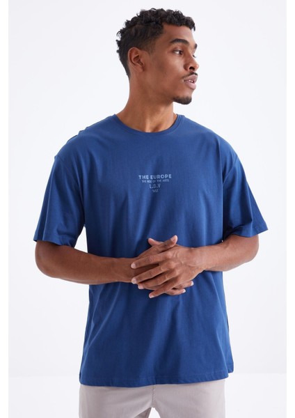 Tommy Life Indigo Sırt Baskılı O Yaka Erkek Oversize T-Shirt - 88091